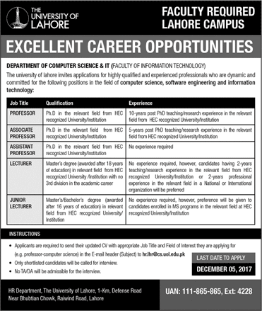 University of Lahore Jobs November 2017 December Teaching Faculty Latest