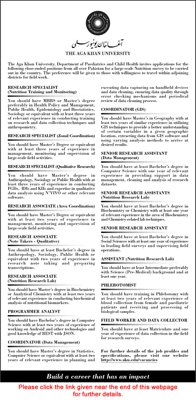 Aga Khan University Karachi Jobs November 2017 December Research Associates / Specialists & Others Latest