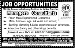 EFU Life Insurance Rawalpindi Jobs November 2017 December Managers & Consultants Latest