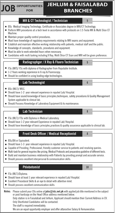 Islamabad Diagnostic Center Jobs November 2017 December Jhelum / Faisalabad Medical Technicians & Others Latest