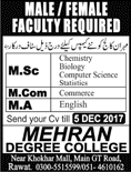 Teaching Jobs in Rawalpindi / Islamabad November 2017 December Mehran Degree College Rawat Latest