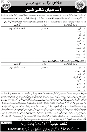 Family Welfare Assistant Jobs in Population Welfare Department Rahim Yar Khan 2017 December Latest