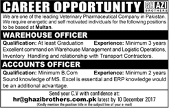 Ghazi Brothers Multan Jobs 2017 December Accounts & Warehouse Officers Latest