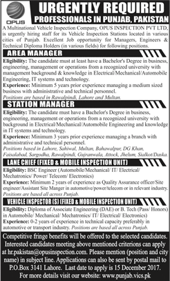 Opus Inspection Pvt Ltd Pakistan Jobs 2017 December Area / Station Managers & Others Latest
