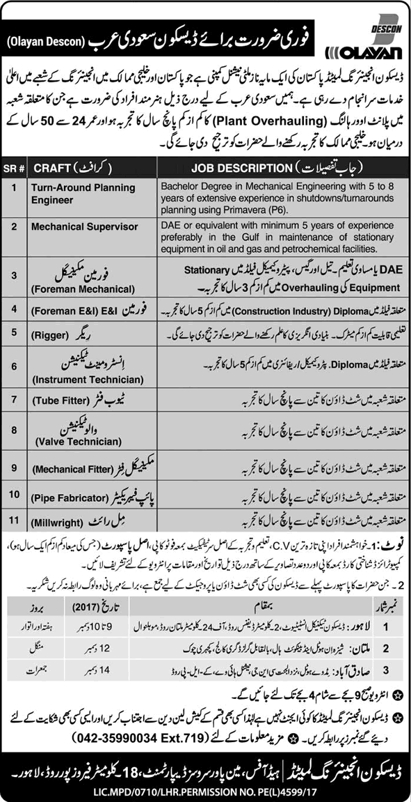 Olayan Descon Saudi Arabia Jobs December 2017 Mechanical Foreman / Supervisors, Technicians & Others Latest