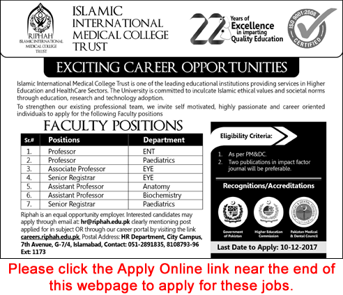 Riphah International University Islamabad Jobs December 2017 Apply Online Teaching Faculty IIMCT Latest