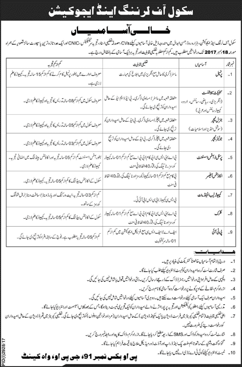 School of Learning and Education Hasan Abdal Jobs 2017 December Teachers, Clerks & Others Latest