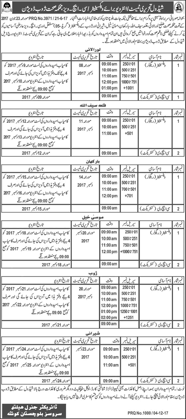 Health Department Balochistan Jobs December 2017 Test / Interview Schedule CHVs & Vaccinators Latest