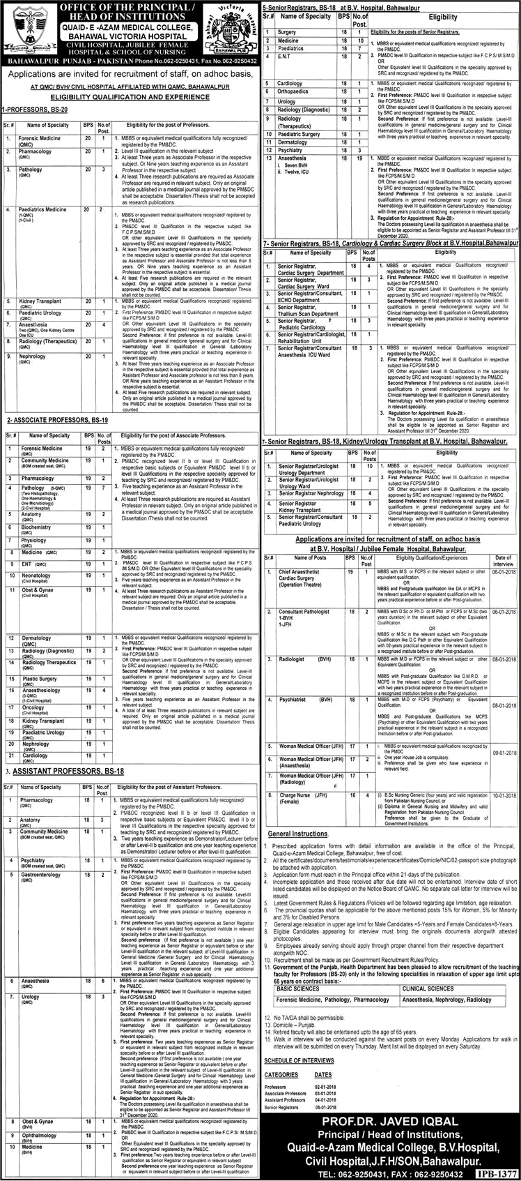 Bahawal Victoria Hospital Bahawalpur Jobs December 2017 Teaching Faculty & Others BVH / QMC Latest