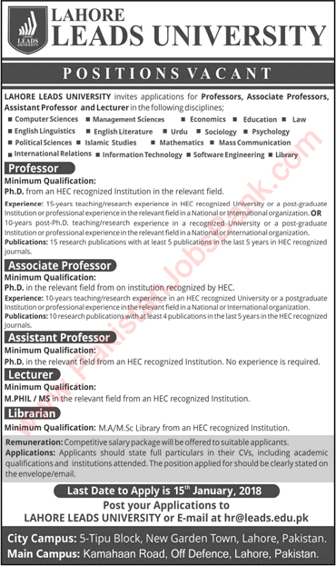 Lahore Leads University Jobs December 2017 Teaching Faculty & Librarian Latest