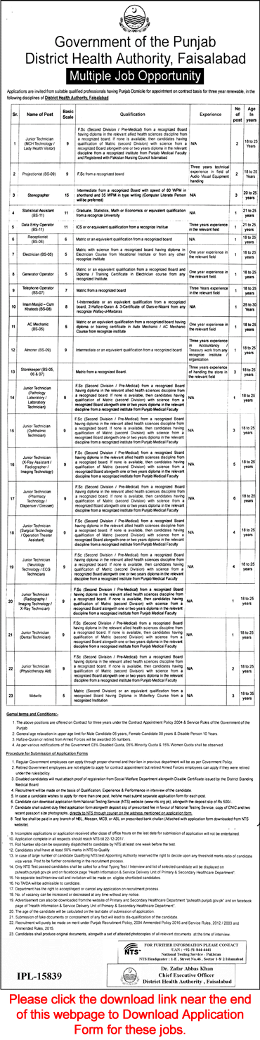 Health Department Faisalabad Jobs December 2017 NTS Application Form Medical Technicians & Others Latest
