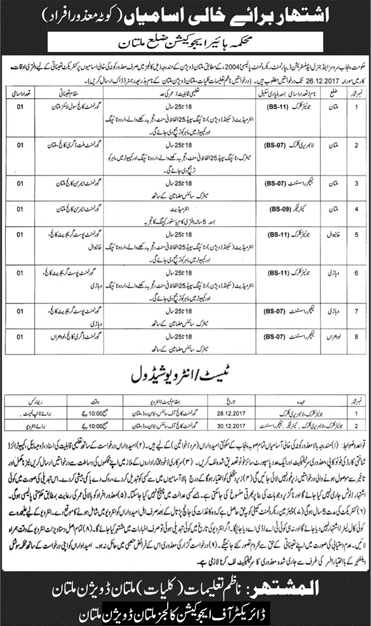 Higher Education Department Multan Jobs December 2017 Lecturer Assistants, Clerks & Care Taker Disabled Quota Latest