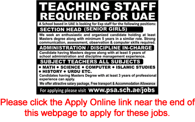 Pakistani School Ajman Jobs 2017 December Apply Online Teachers, Section Head & Admin Incharge Latest