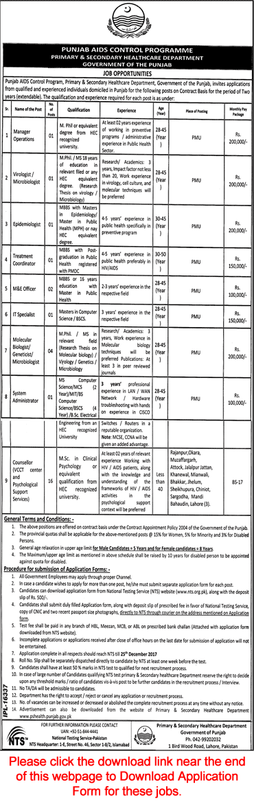 Primary and Secondary Healthcare Department Punjab Jobs December 2017 NTS Application Form AIDS Control Program Latest