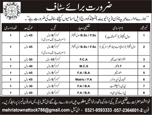 Mehria town Attock Jobs December 2017 Civil Engineers, Receptionist & Others Latest