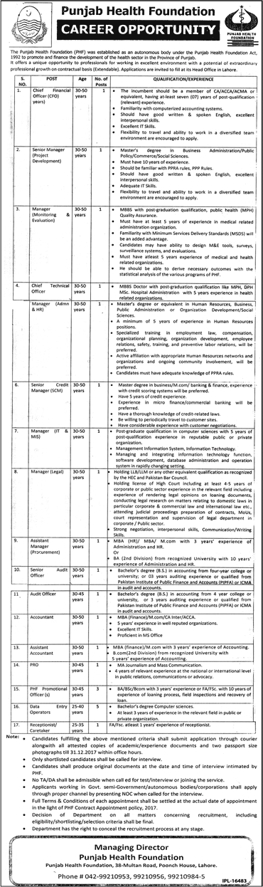 Punjab Health Foundation Jobs December 2017 Lahore DEO, PHF Promotional Officers & Others Latest