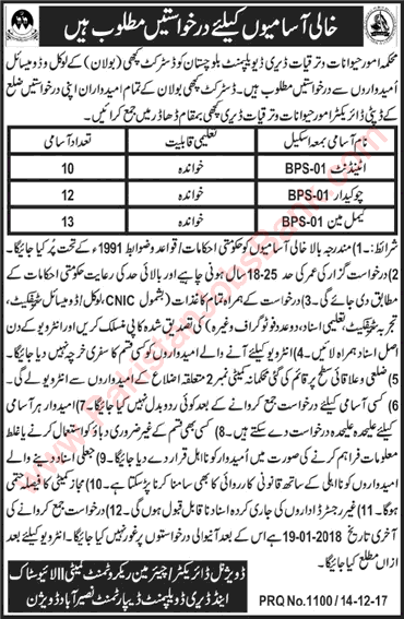 Livestock and Dairy Development Department Balochistan Jobs December 2017 Camel Man, Attendants & Chowkidar Latest