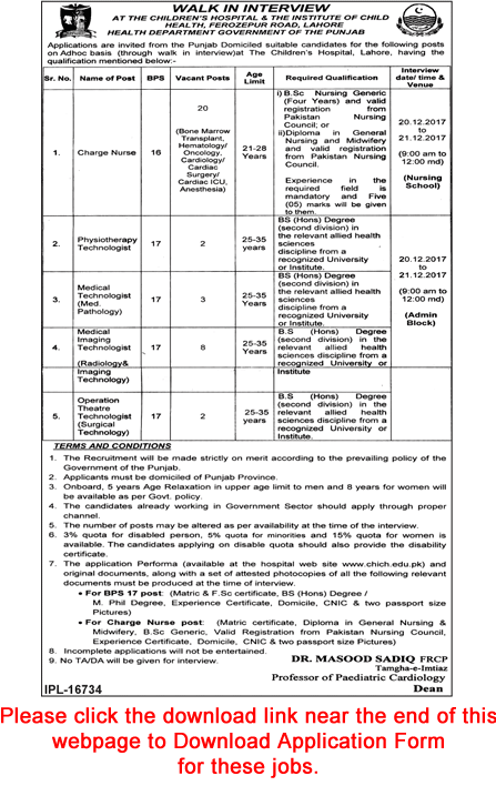 Children's Hospital Lahore Jobs December 2017 Nurses & Medical Technologists Walk in Interview Latest