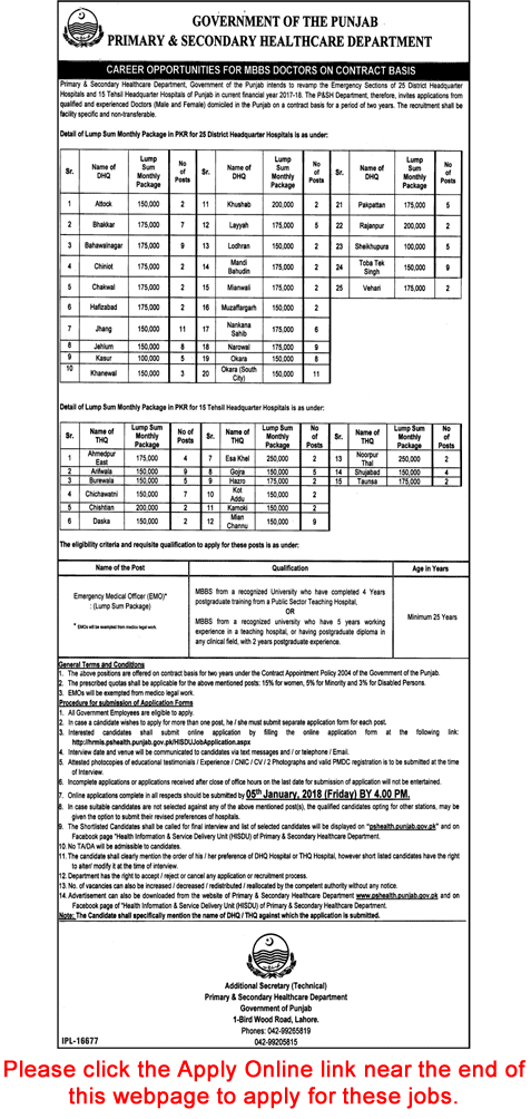 Emergency Medical Officer Jobs in Primary and Secondary Healthcare Department Punjab December 2017 Apply Online Latest