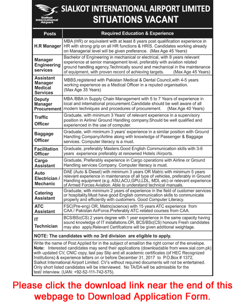Sialkot International Airport Jobs December 2017 Application Form Traffic Officer, Cargo / Catering Assistants & Others Latest