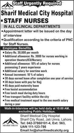Staff Nurse Jobs in Sharif Medical City Hospital Lahore December 2017 Walk In Interview Latest