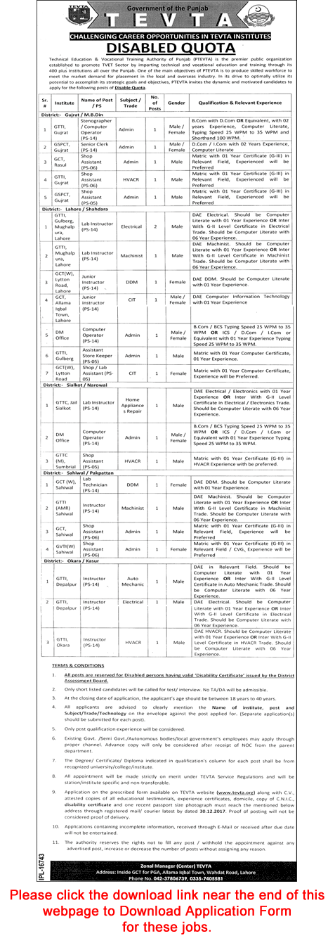 TEVTA Jobs December 2017 Application Form Instructors, Shop Assistants & Others Disabled Quota Latest