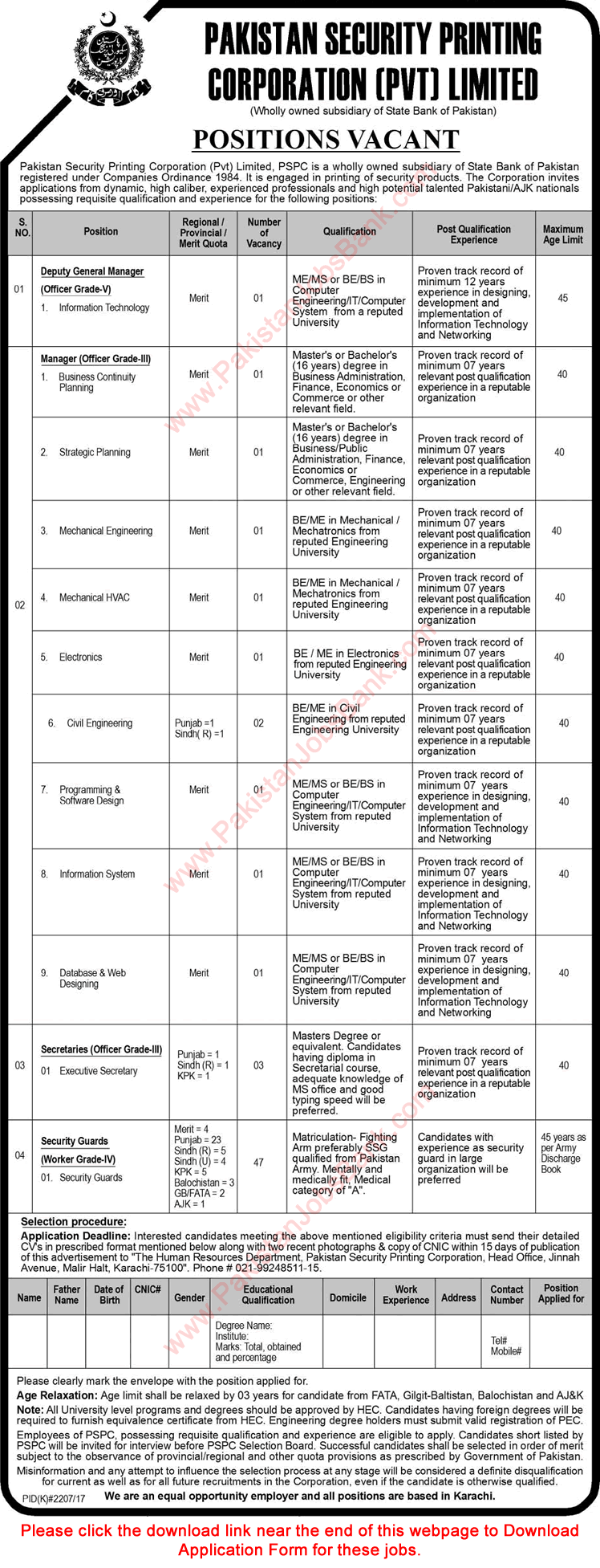 Pakistan Security Printing Corporation Jobs December 2017 Karachi Application Form Security Guards & Others Latest