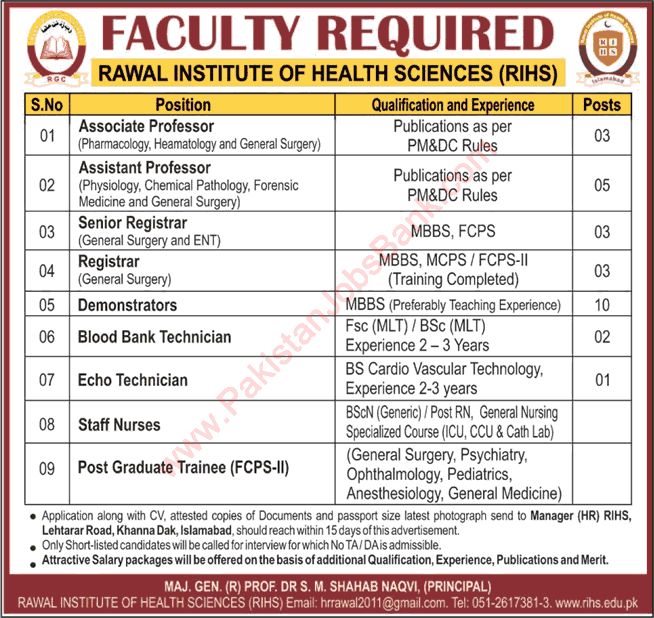 Rawal Institute of Health Sciences Islamabad Jobs December 2017 Teaching Faculty, Nurses & Others RIHS Latest