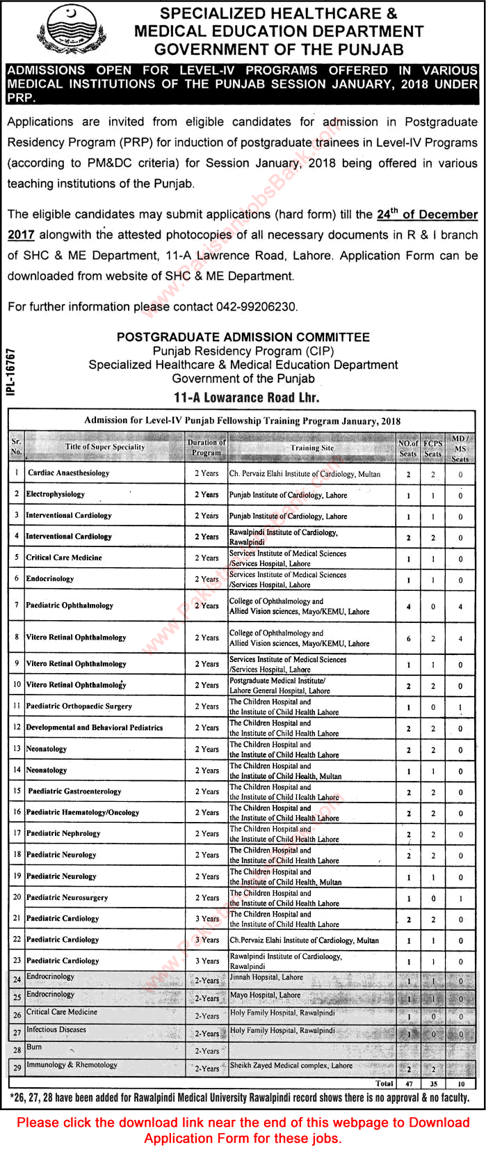 Specialized Healthcare and Medical Education Department Punjab Fellowship Training Program 2017 December Application Form Latest