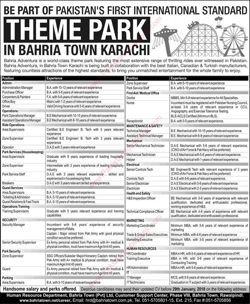 Bahria Town Karachi Jobs December 2017 Adventura Park Area / Zone Supervisors, Receptionist & Others Latest