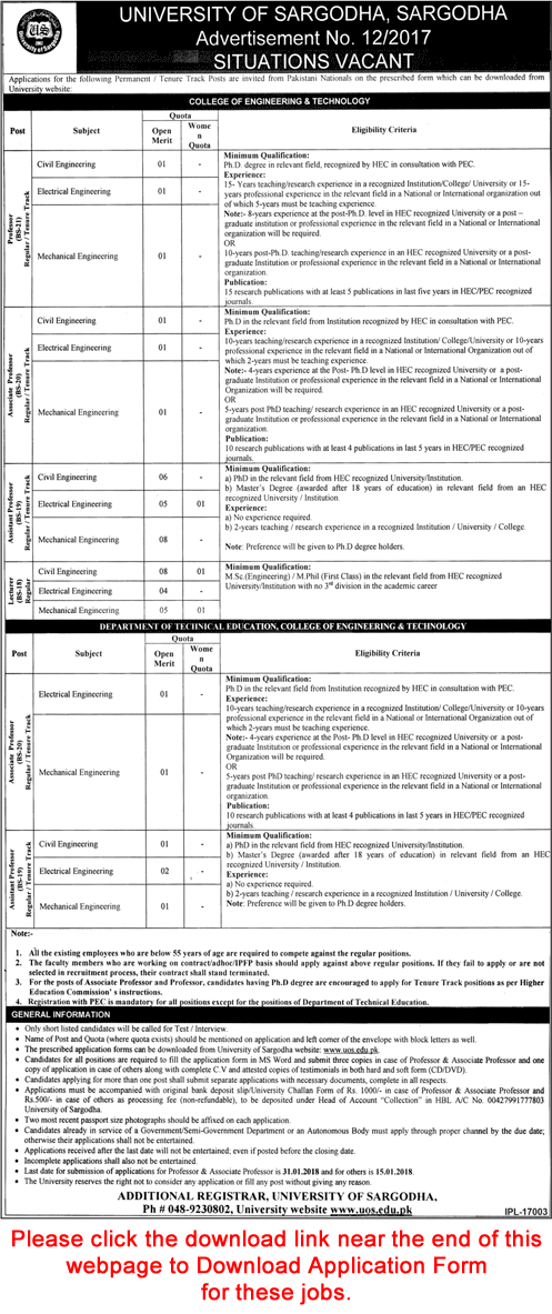 University of Sargodha Jobs December 2017 Application Form Teaching Faculty UOS Latest