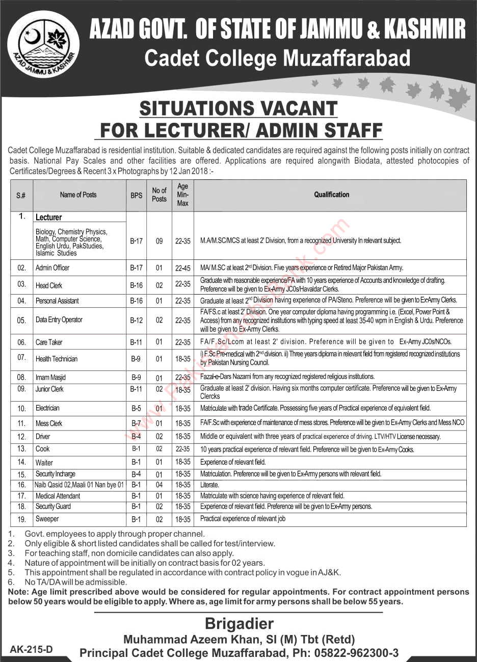 Cadet College Muzaffarabad Jobs December 2017 Lecturers, Clerks, Data Entry Operators & Others Latest