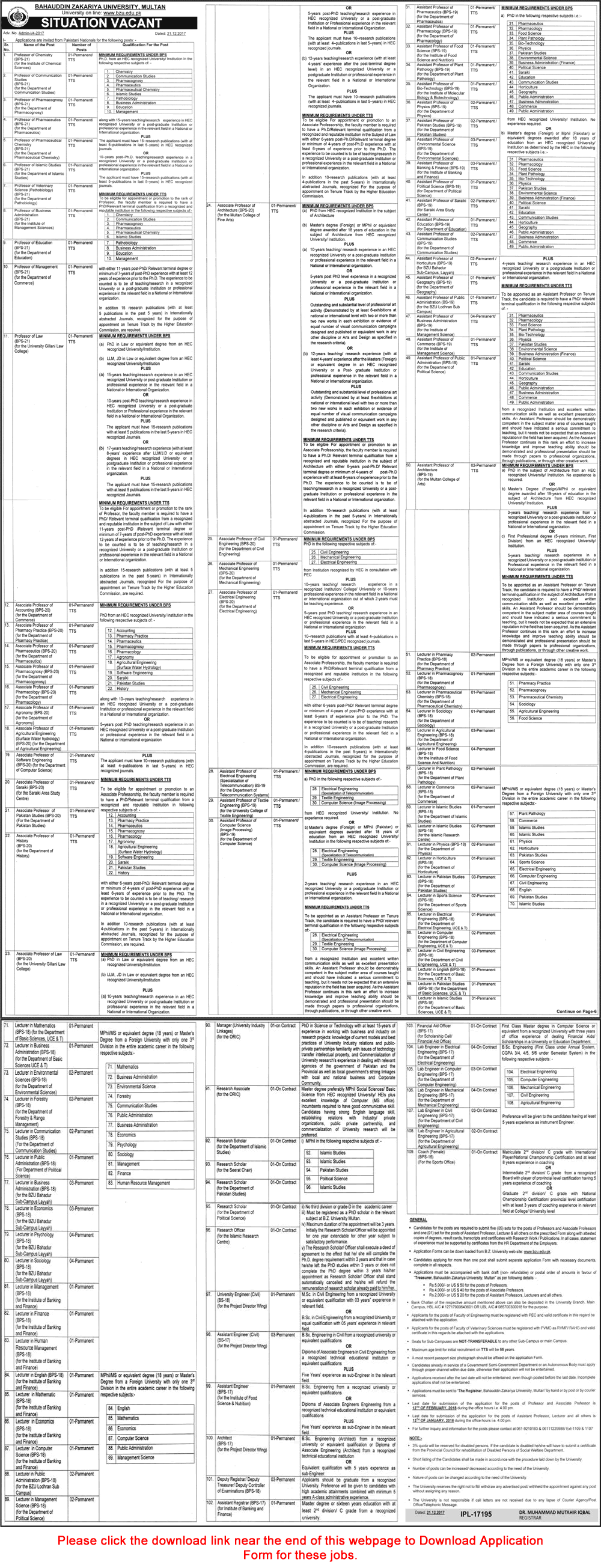 Bahauddin Zakariya University Multan Jobs December 2017 January Application Form Teaching Faculty & Others Latest