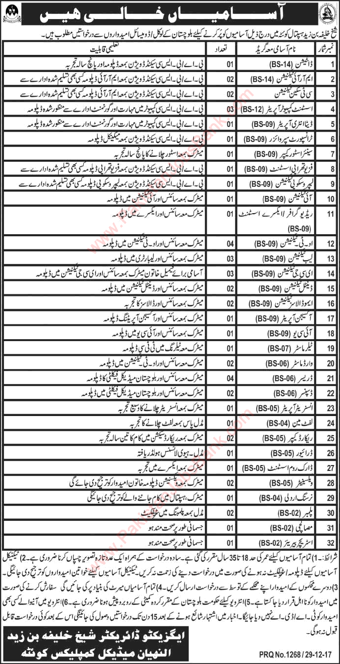 Sheikh Khalifa Bin Zayed Hospital Quetta Jobs December 2017 January Medical Technicians, Admin & Support Staff Latest