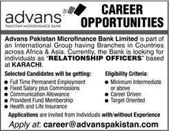 Relationship Officer Jobs in Advans Pakistan Microfinance Bank Karachi December 2017 / 2018 Latest