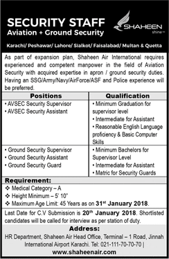 Shaheen Air Jobs December 2017 / 2018 Security Supervisors / Assistants & Guards Latest