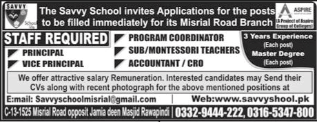 Savvy School Rawalpindi Jobs 2017 December 2018 Teachers, Accountant / CRO & Others Latest