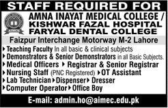Amna Inayat Medical College Lahore Jobs 2017 December 2018 Kishwar Fazal Hospital / Faryal Dental College Latest