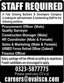 Ovaisco Builders Islamabad Jobs 2017 December 2018 Sales & Marketing Staff & Others Latest