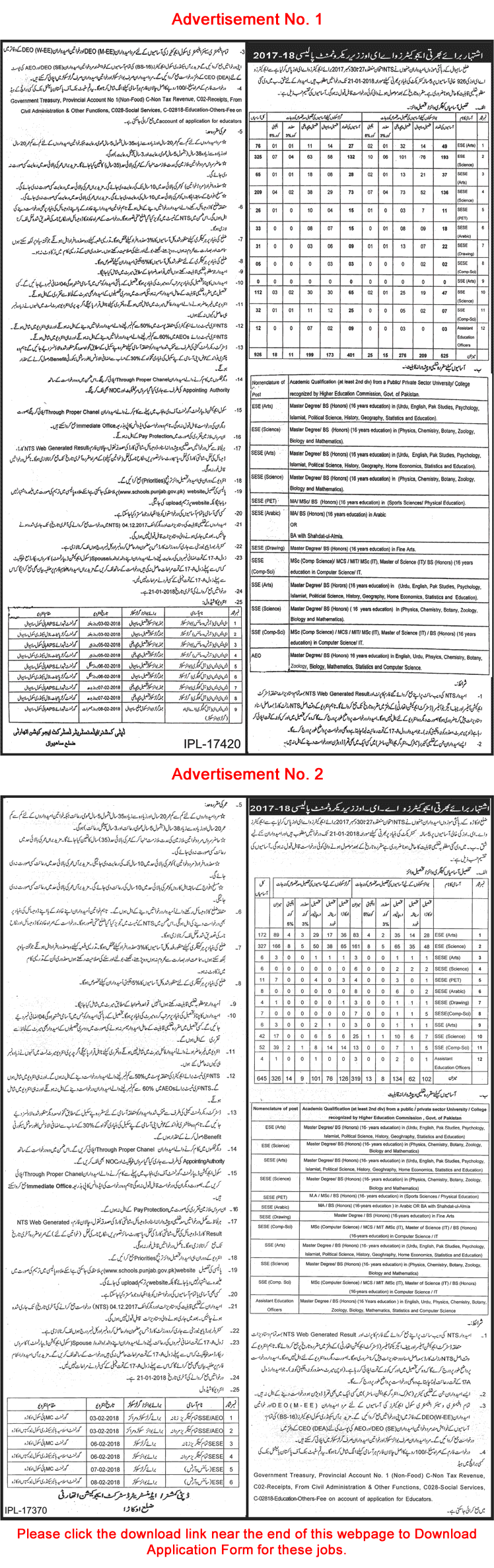 School Education Department Punjab Jobs 2018 Sahiwal / Okara Educators & AEO NTS Application Form Download Latest