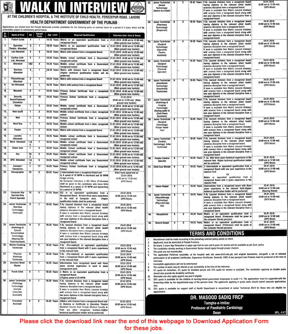 Children's Hospital Lahore Jobs 2018 Walk In Interview Medical Technicians, Sweepers, Security Guards & Others CHICH Latest