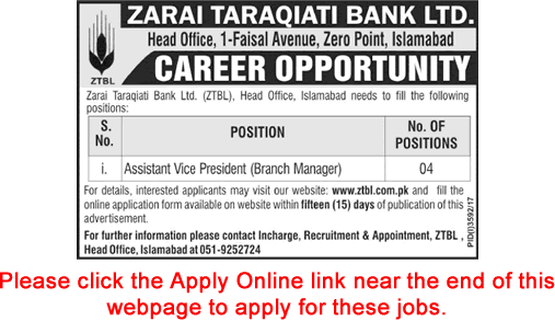 Branch Manager Jobs in ZTBL 2018 January Apply Online Assistant Vice President Latest