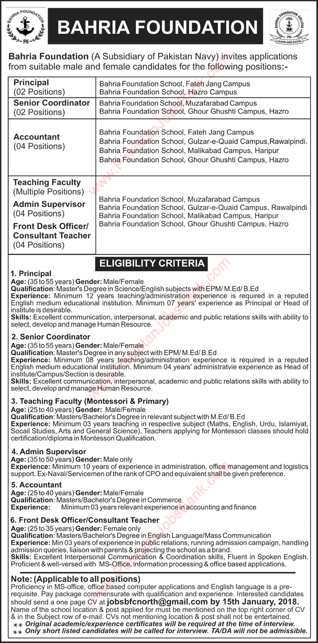 Bahria Foundation Schools Jobs 2018 January Teaching Faculty, Accountants & Others Latest