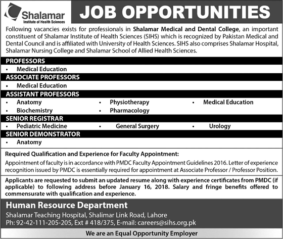 Shalamar Medical and Dental College Lahore Jobs 2018 January Teaching Faculty SIHS Latest