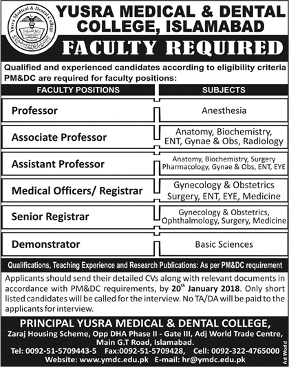 Yusra Medical College Islamabad Jobs 2018 Teaching Faculty, Medical Officers, Registrars & Demonstrator Latest