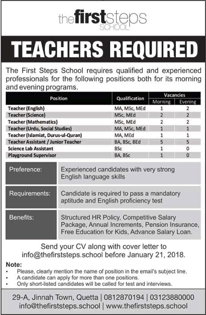 The First Step School Quetta Jobs 2018 Teachers, Lab Assistant & Playground Supervisor Latest