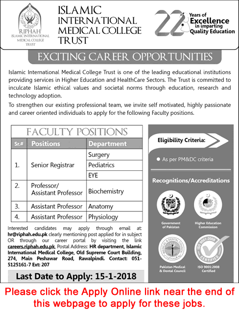 Riphah International University Rawalpindi Jobs 2018 Apply Online Islamic International Medical College Trust Latest