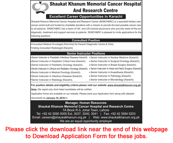 Shaukat Khanum Hospital Karachi Jobs 2018 Application Form Instructors & Consultants Latest