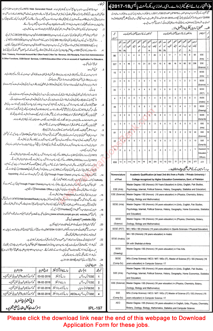 School Education Department Sheikhupura Jobs 2018 January Educators & AEO NTS Application Form Download Latest