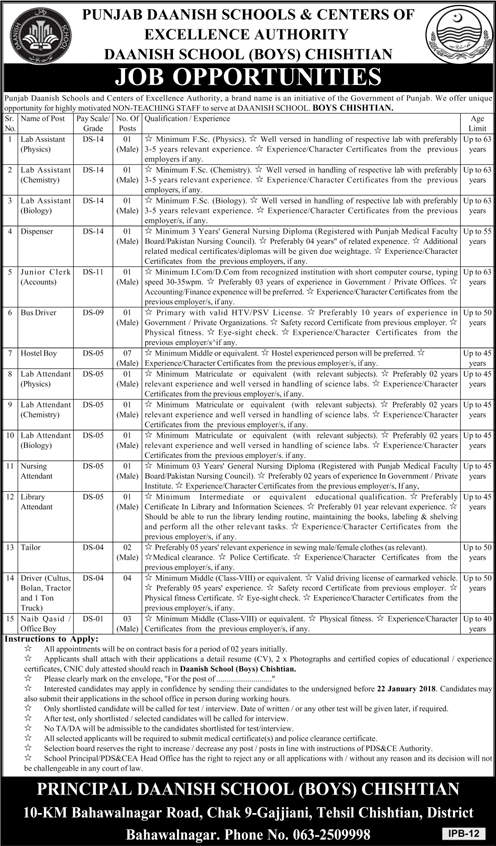 Danish School Chishtian Jobs 2018 January Lab Assistants / Attendants, Hostel Boys, Drivers & Others Latest